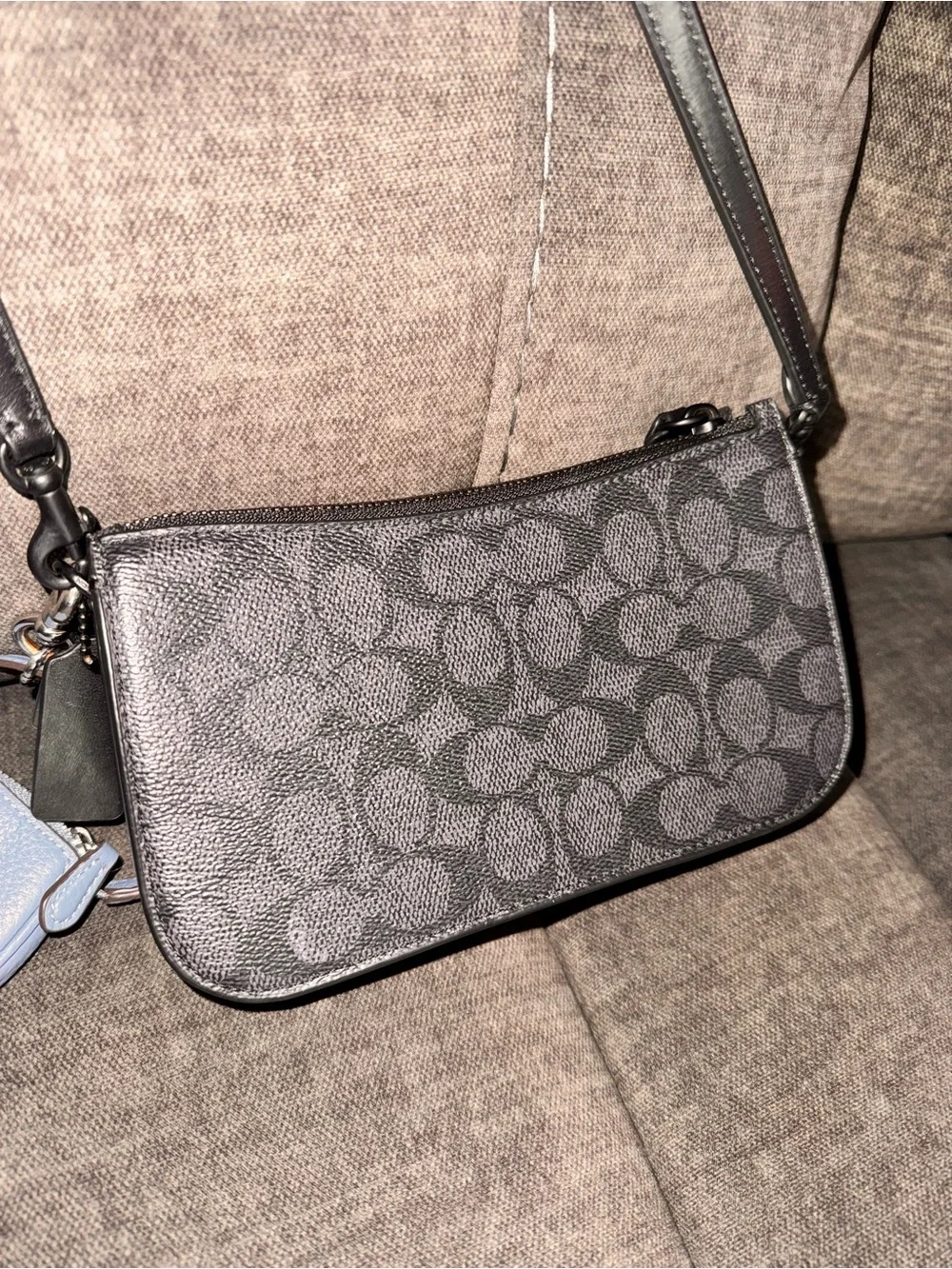 Coach Black Signature Crossbody Bag with Light Blue Charm